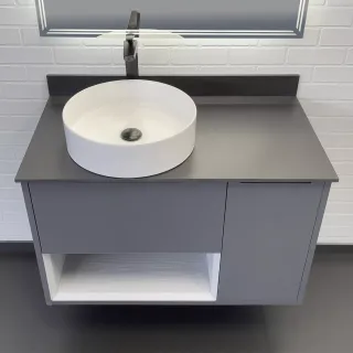 Тумба-умывальник Comforty Джанкой 90 антрацит с черной столешницей и раковиной 9111